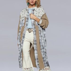 POL Mixed Print Longline Duster Jacket - Olive